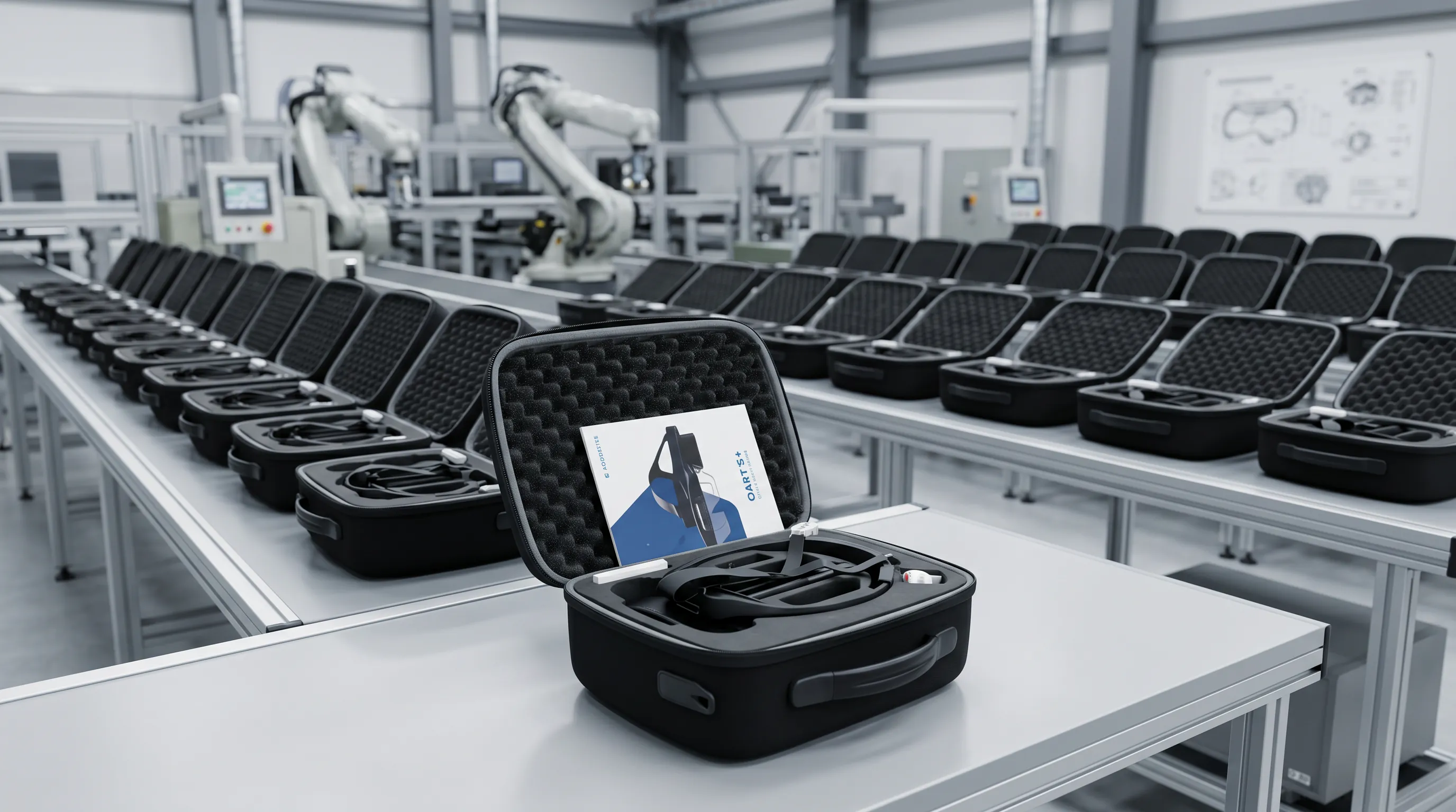 AR headset kits prepared for deployment at the production facility
