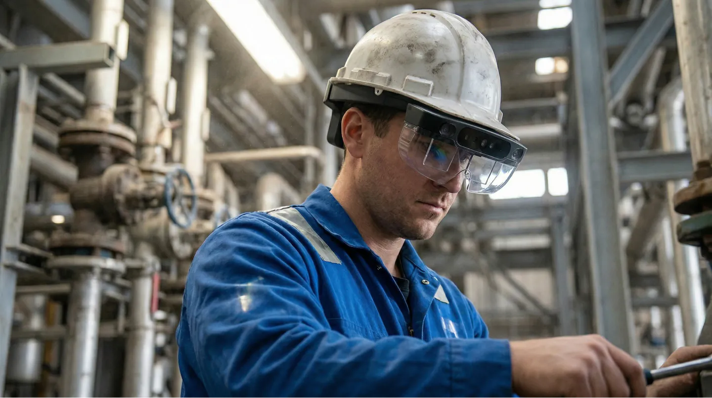Industrial worker wearing Arvicom AR smart glasses and a safety helmet