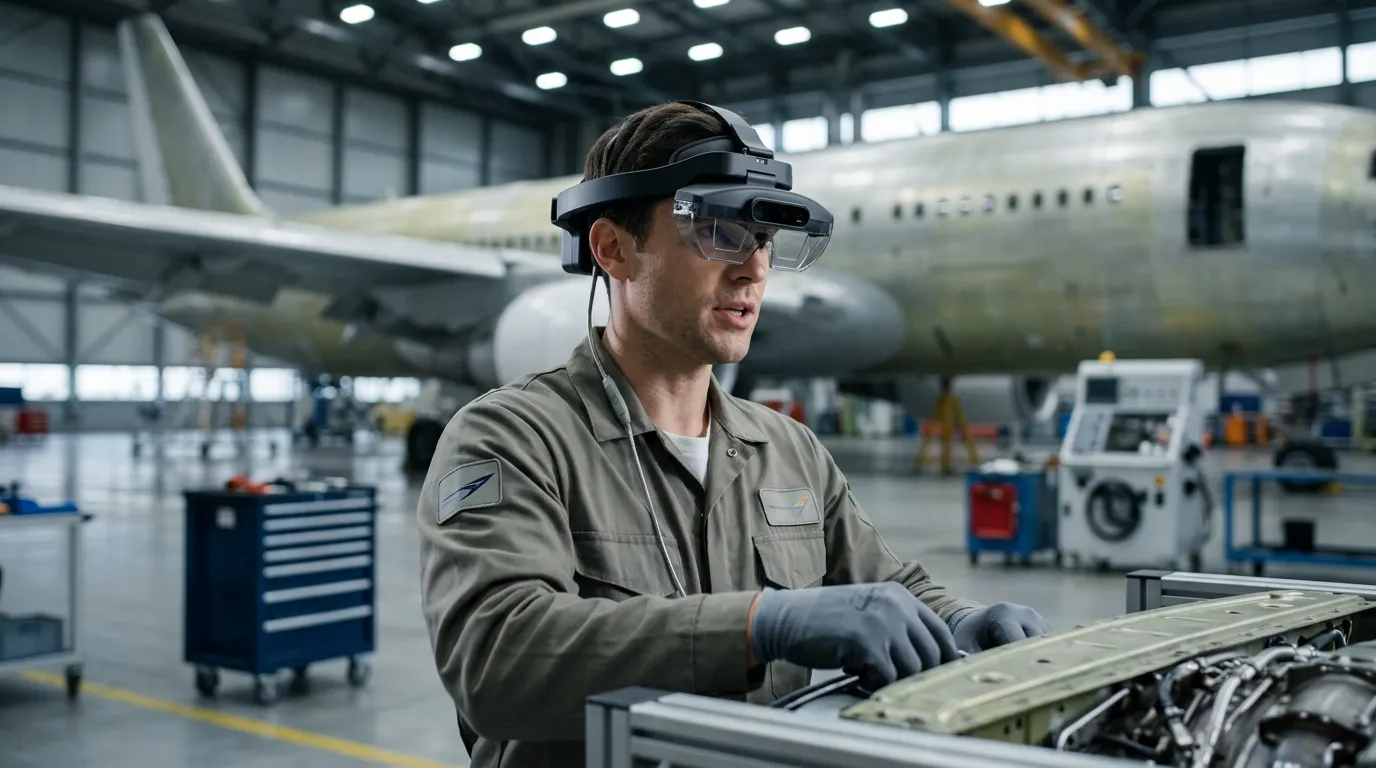 Aviation technician wearing an AR headset during engine maintenance