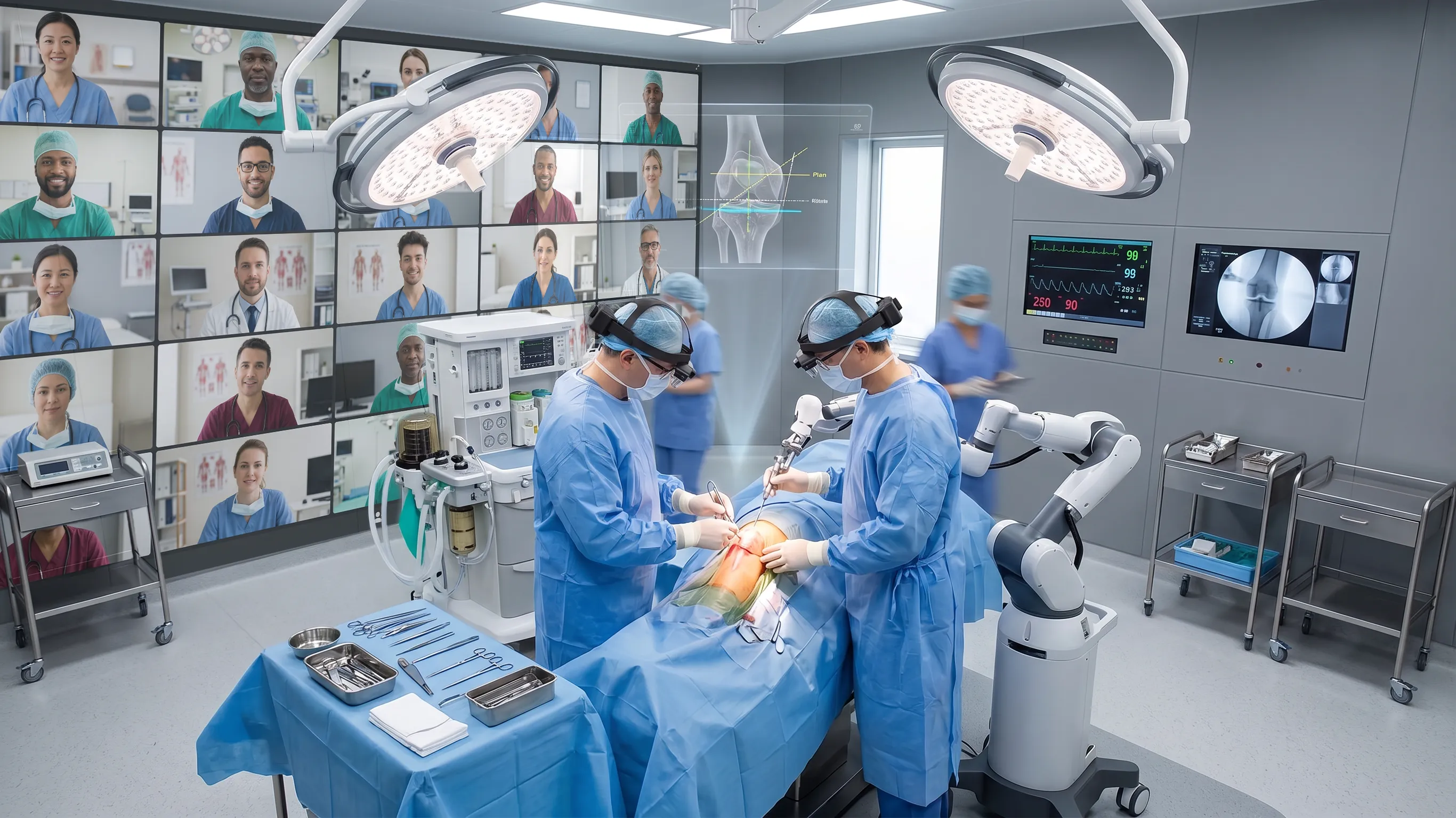 Surgical team using AR headsets and remote collaboration