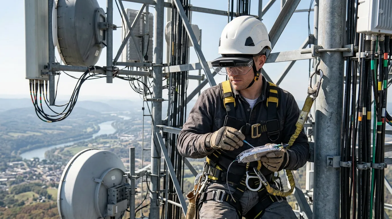Field technician wearing an AR headset while working on a telecommunications tower