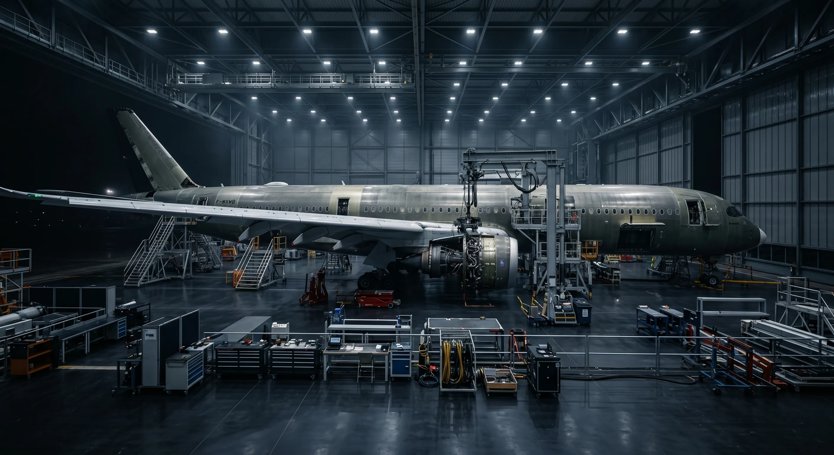 Aircraft in an aviation maintenance hangar