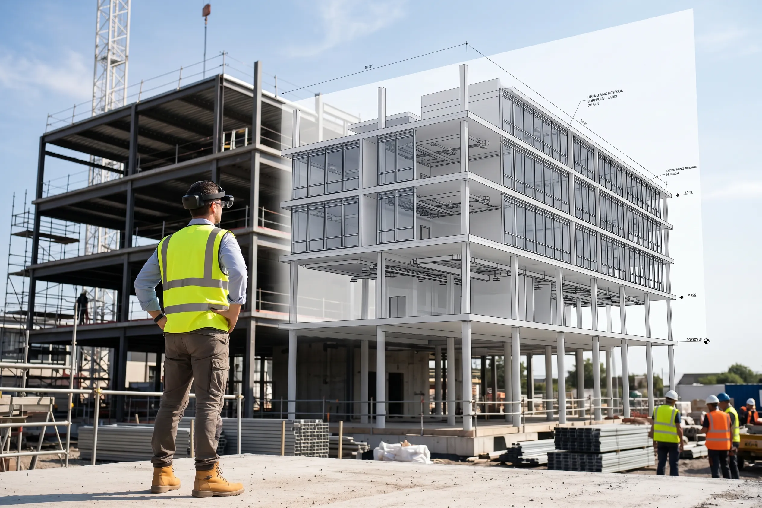 Worker viewing a digital building model alongside a construction site