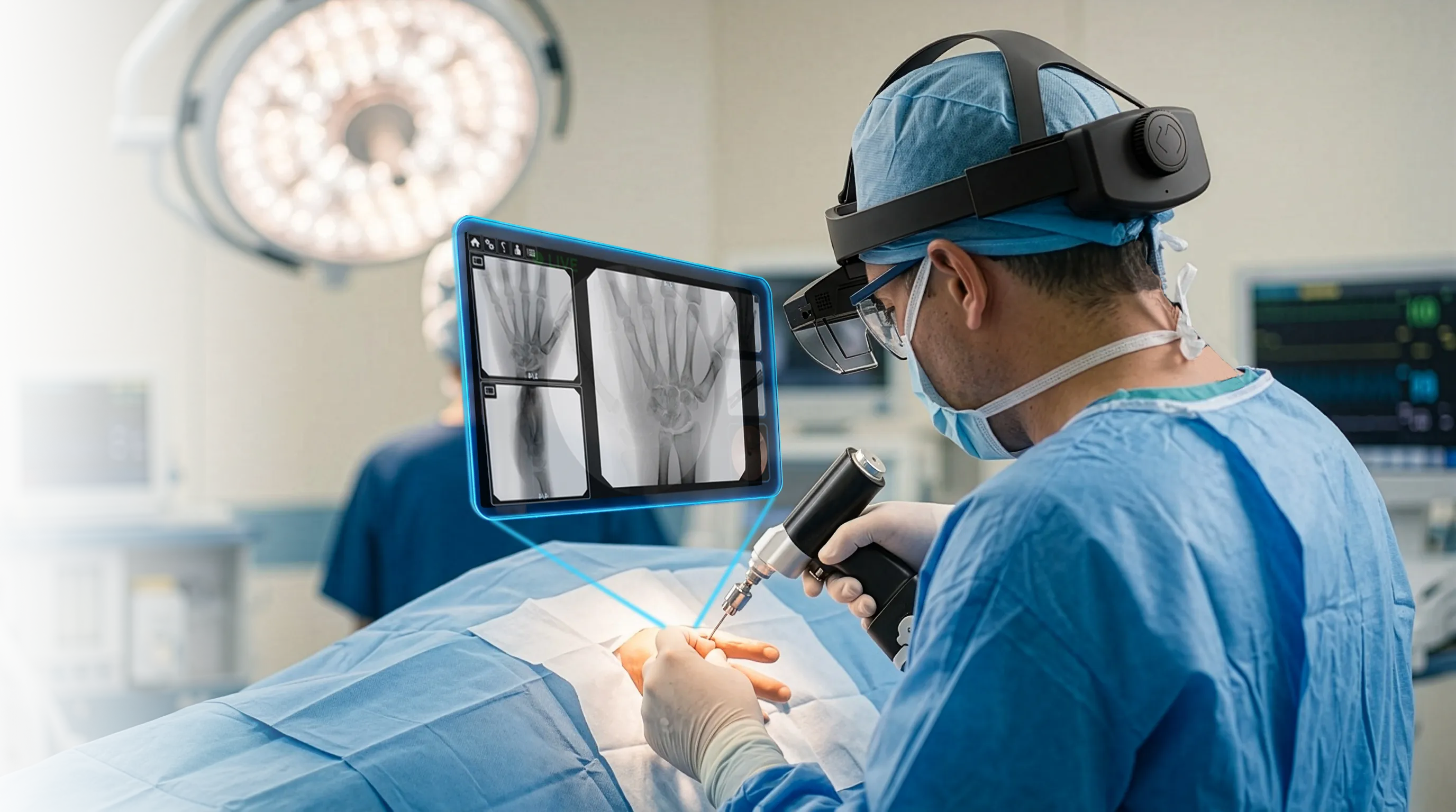 Medical professional using a specialized AR headset during a procedure