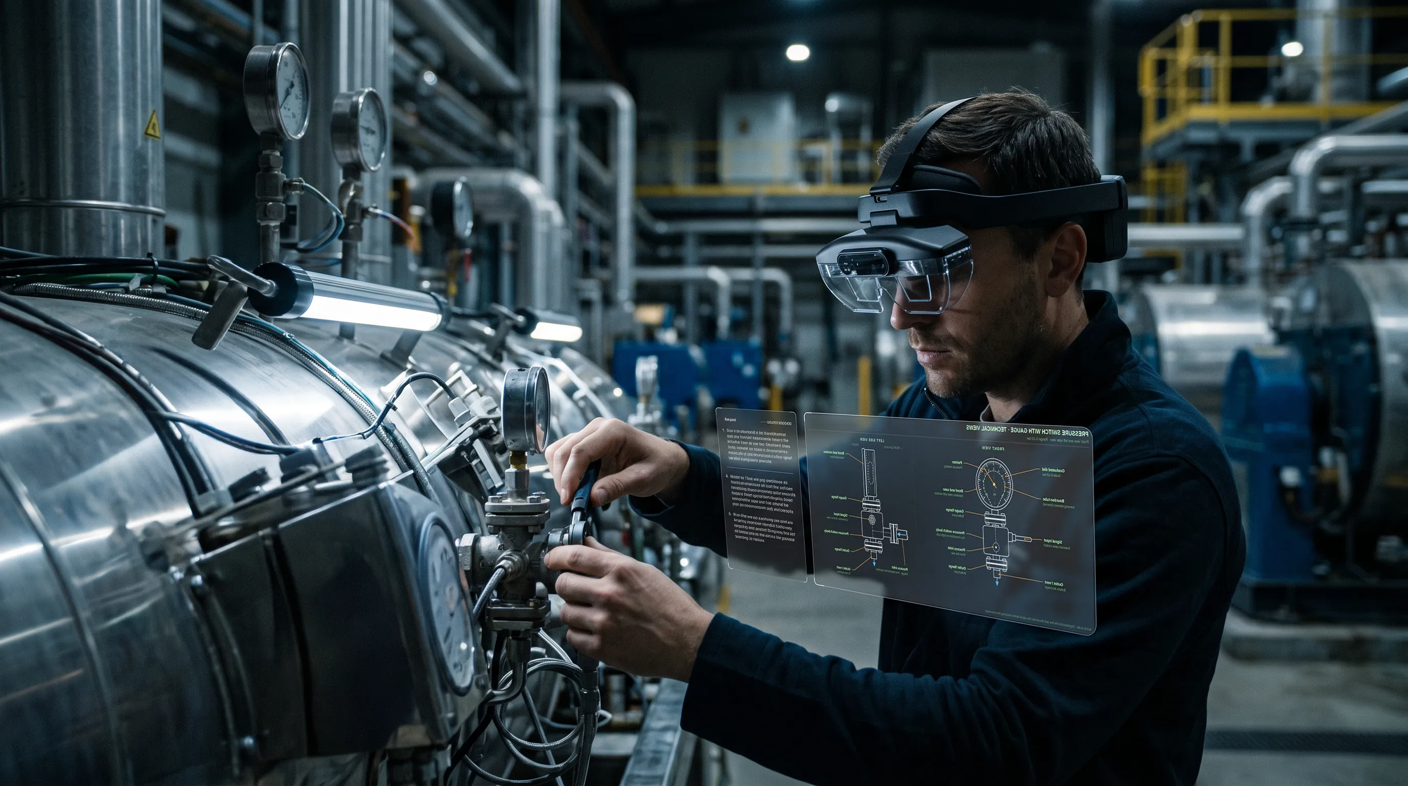 Technician wearing Arvicom AR glasses while viewing technical overlays and servicing industrial equipment