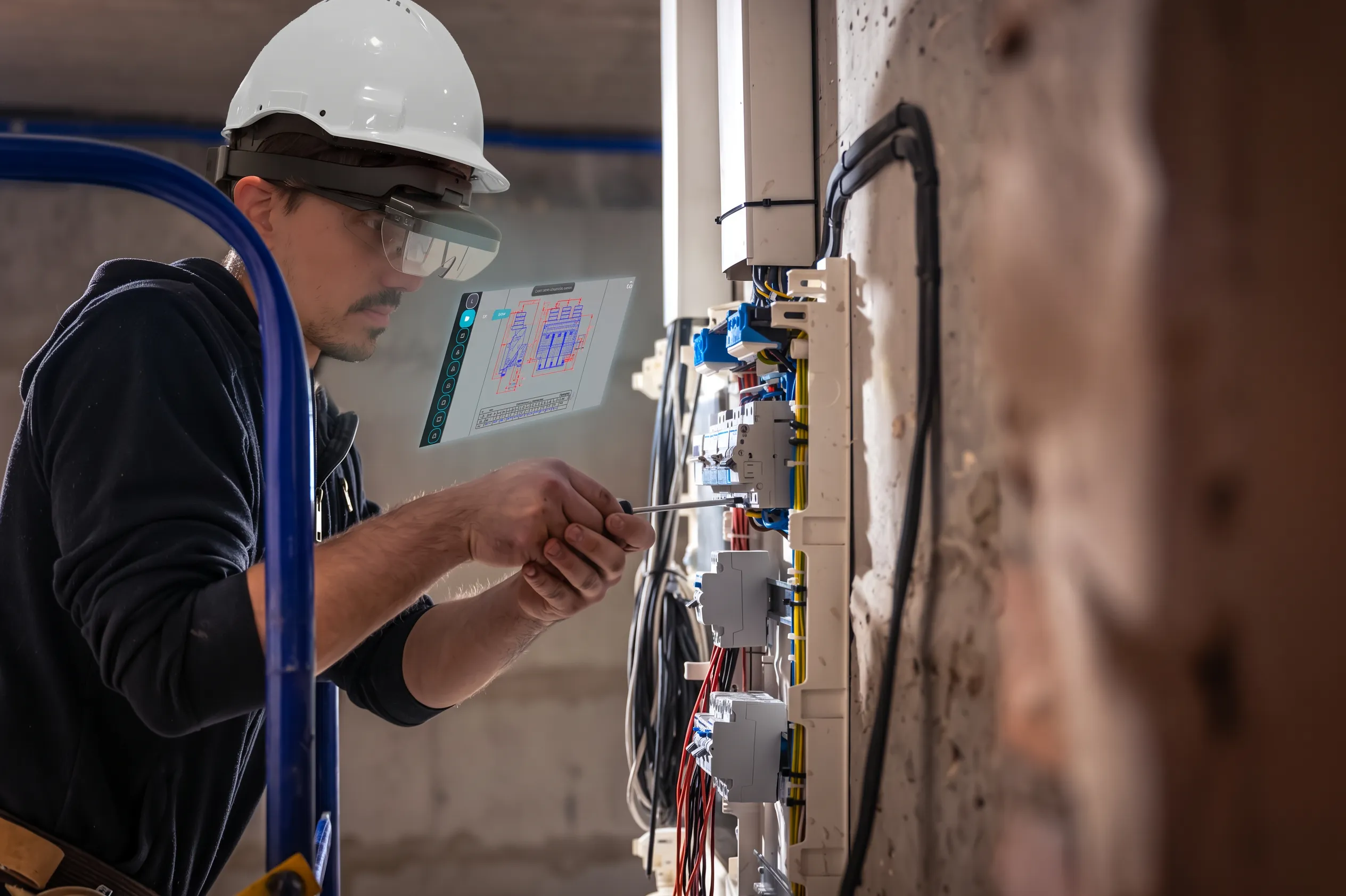 Technician wearing AR glasses while inspecting an electrical cabinet